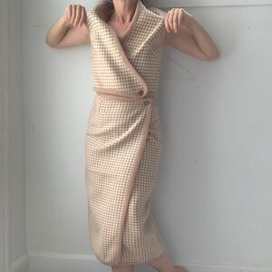 Vintage 60s handmade tan houndstooth tailored set: wrap pencil skirt and top